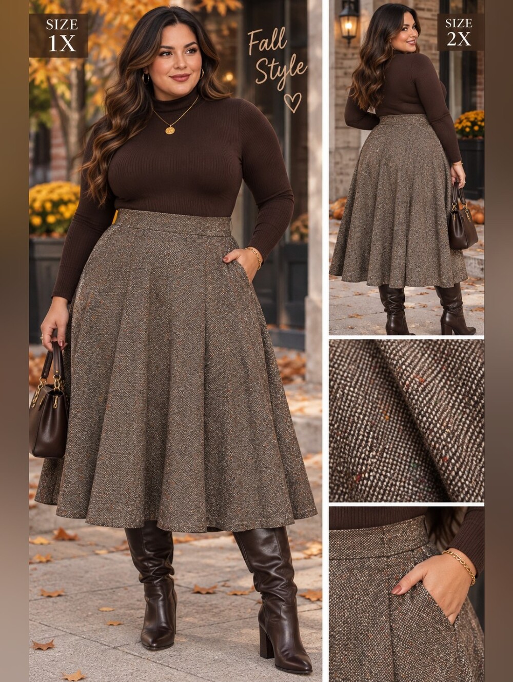 Brown Tweed Midi Skirt  Flared A-Line Wool Blend Elastic Waist 1x 2x